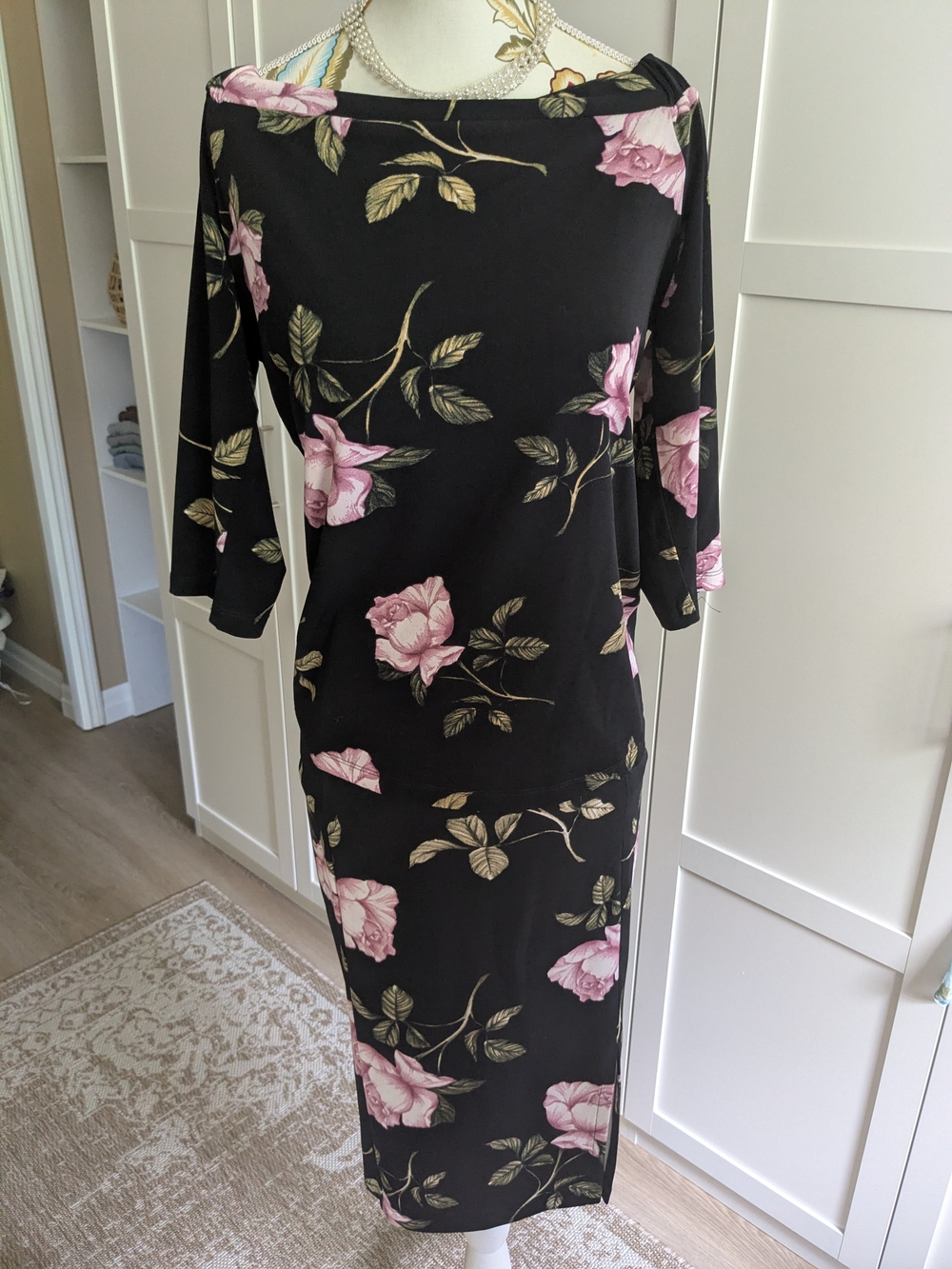 Dynamite Black Midi Dress with Pink Rose Print 2ps Set Top And Skirt